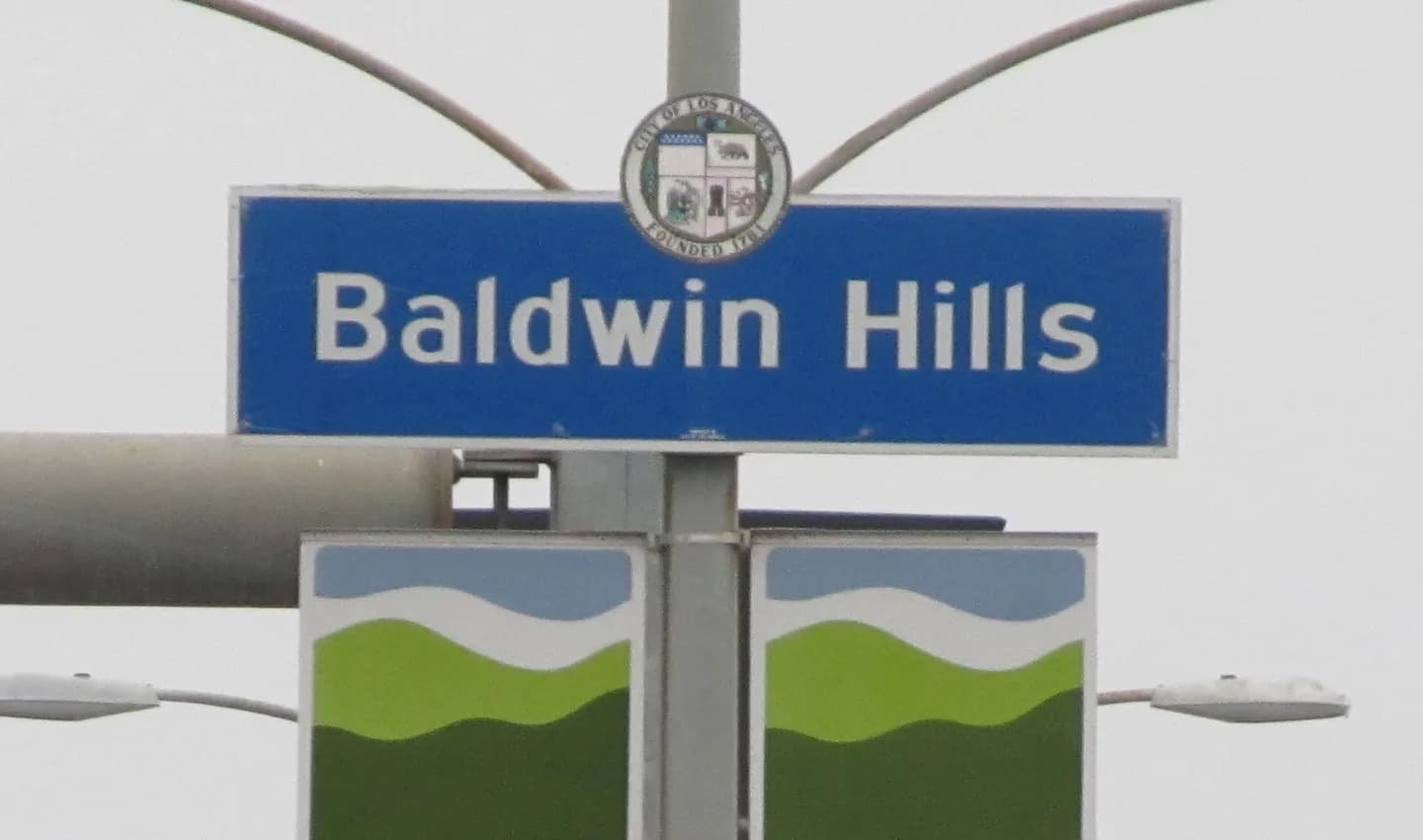 Baldwin Hills City Signage located at La Brea Avenue and Stocker Street.