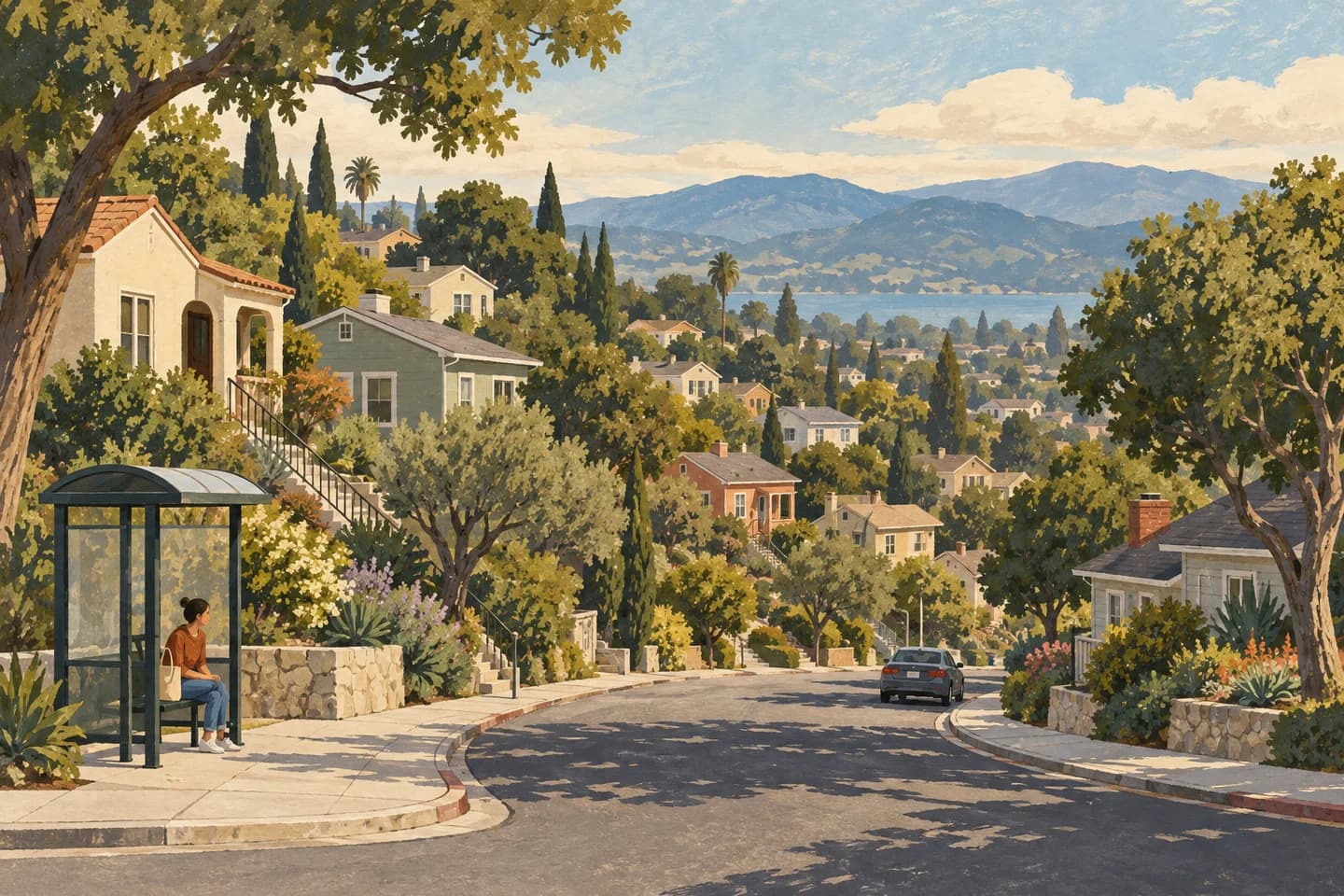 Editorial illustration of a fictional hillside setting; not a photograph of this place.