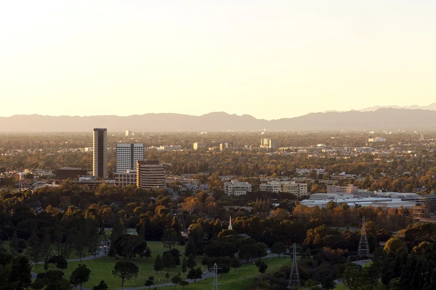 The Burbank media district, view from Griffith Park, with Forest Lawn Memorial Park in the foreground.