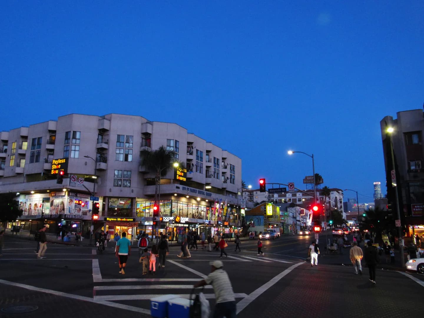 Intersection of 6th and Alvarado streets in Westlake, Los Angeles, California, looking towards the east