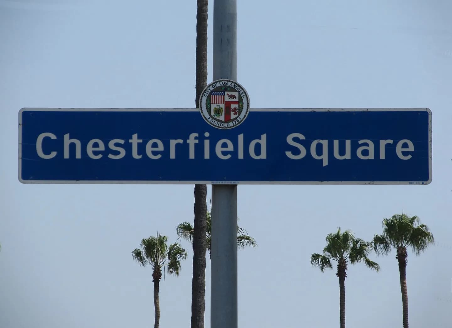 Chesterfield Square sign located at the intersection of Slauson Avenue and Van Ness Avenue, Los Angeles, CA