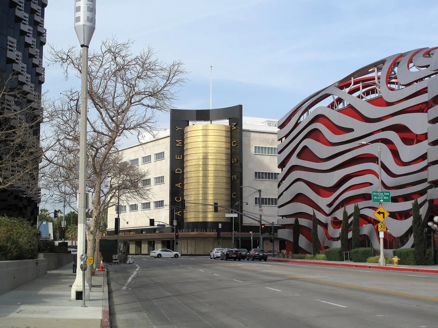 Looking north on Fairfax toward the restored May Company Building and the Petersen Automotive Museum, at the intersection of Fairfax Avenue and Wilshire Boulevard, Los Angeles