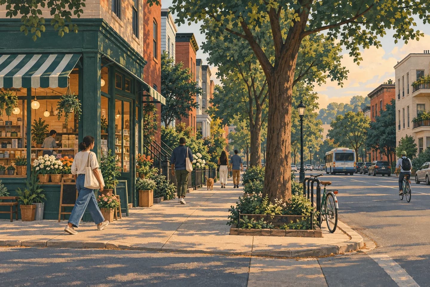 Illustration of a fictional neighborhood street with homes, a corner shop and shaded sidewalks; not a photograph of this place.
