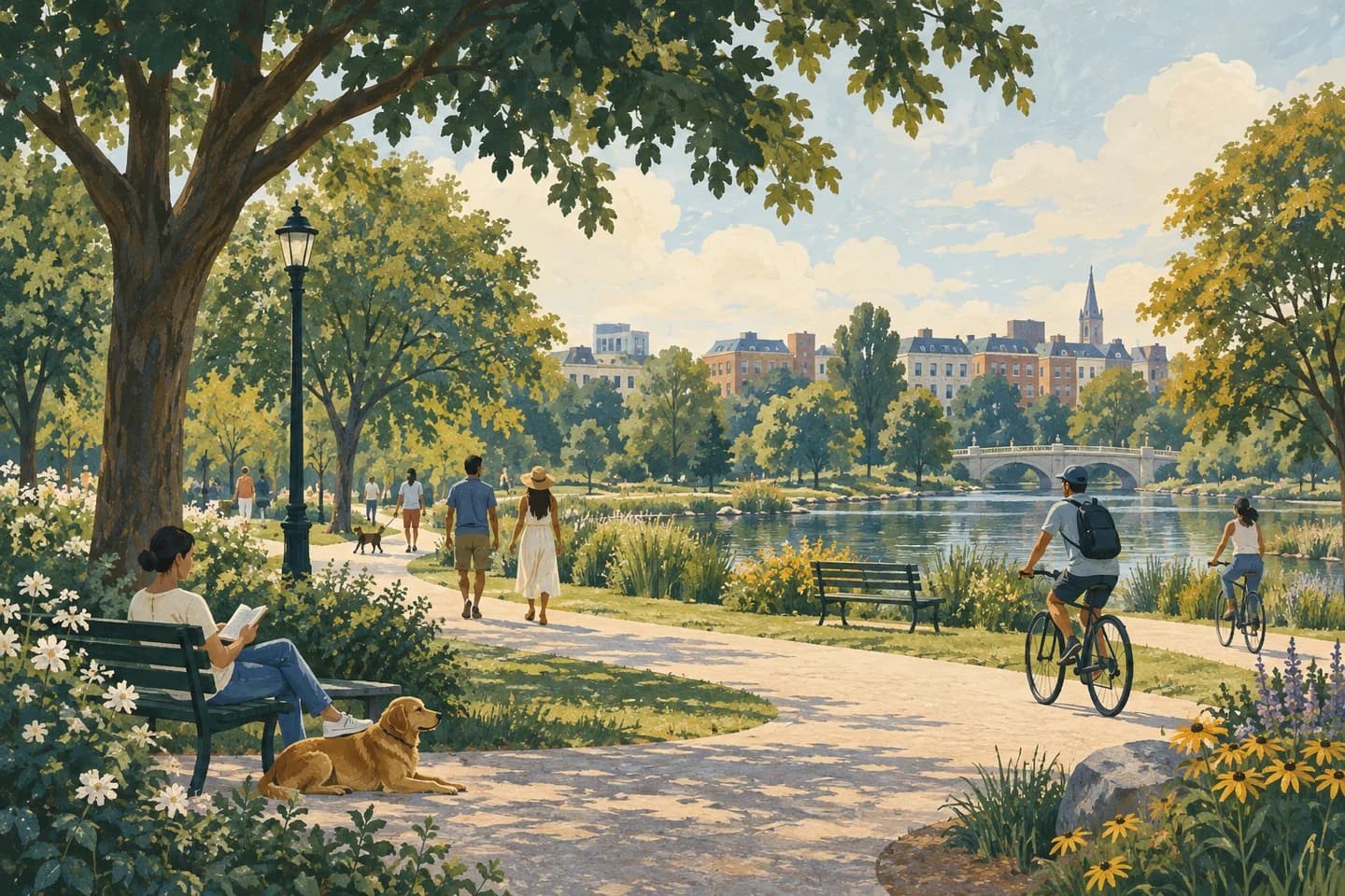 Editorial illustration of a fictional park setting; not a photograph of this place.